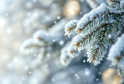 The primary subject of the image is a snow-covered pine tree with snow-covered branches. The setting is a snowy environment, and the visual style is a photo. The dominant colors are white and gray, creating a serene and cold atmosphere.